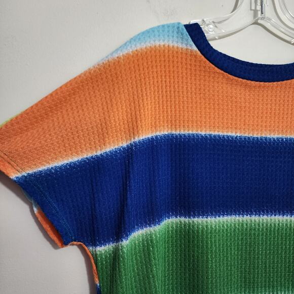 Viamor soft colorful striped waffle knit short sleeve shirt woman's size large - Picture 4 of 6